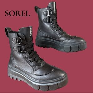 Sorel Lennox Lace Black Leather Combat Boots Lug Sole Womens 7.5 Like new! EUC!